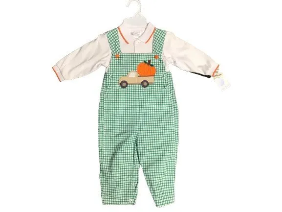 Petit Ami Green and White Check 2PC Longall with Orange Pumpkin and Brown Truck Applique and Long Sleeve Polo