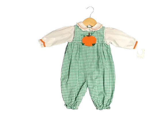 Petit Ami Green and White Check 2PC Longall with Orange Pumpkin and Brown Truck Applique and Long Sleeve Polo