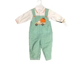 Petit Ami Green and White Check 2PC Longall with Orange Pumpkin and Brown Truck Applique and Long Sleeve Polo