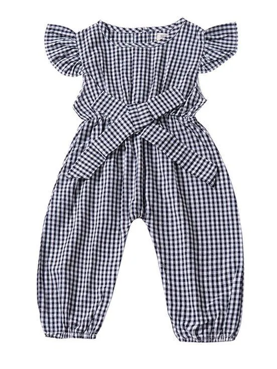 Pretty Flutter Sleeve Bow Checked Baby Girl Summer Overall
