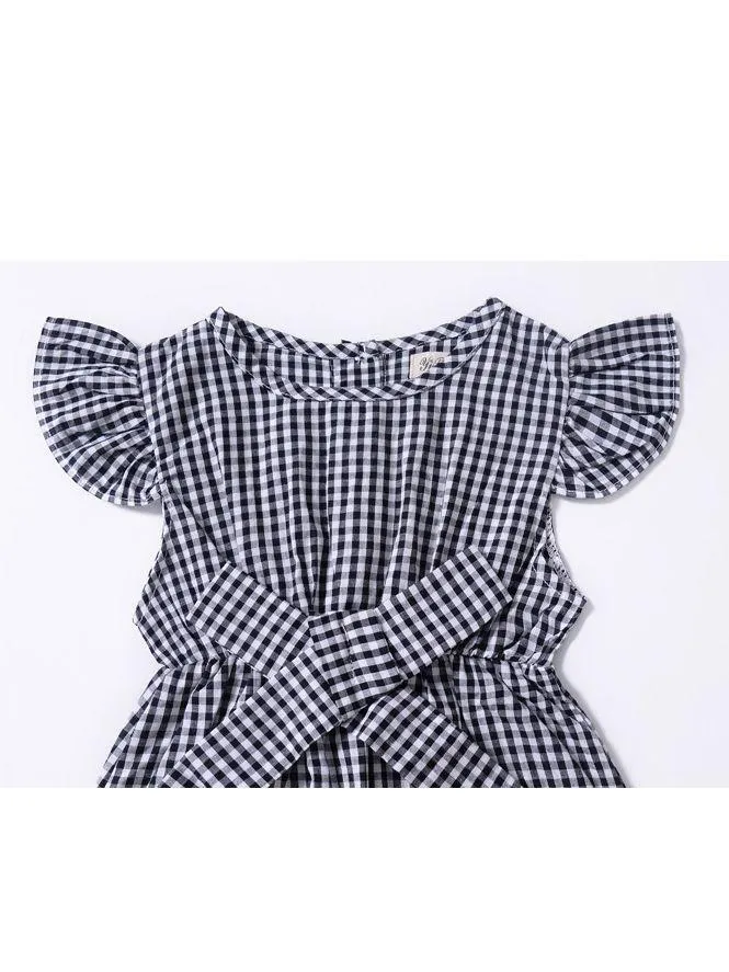 Pretty Flutter Sleeve Bow Checked Baby Girl Summer Overall