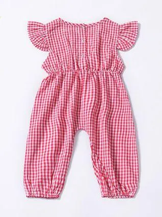 Pretty Flutter Sleeve Bow Checked Baby Girl Summer Overall
