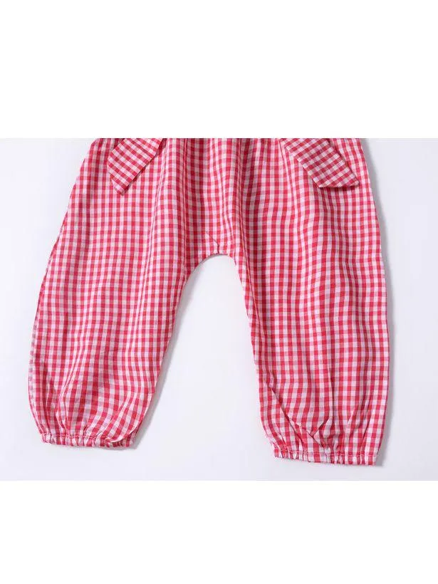 Pretty Flutter Sleeve Bow Checked Baby Girl Summer Overall