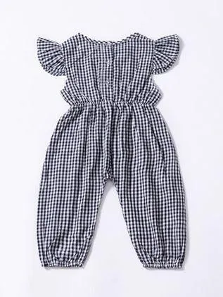 Pretty Flutter Sleeve Bow Checked Baby Girl Summer Overall