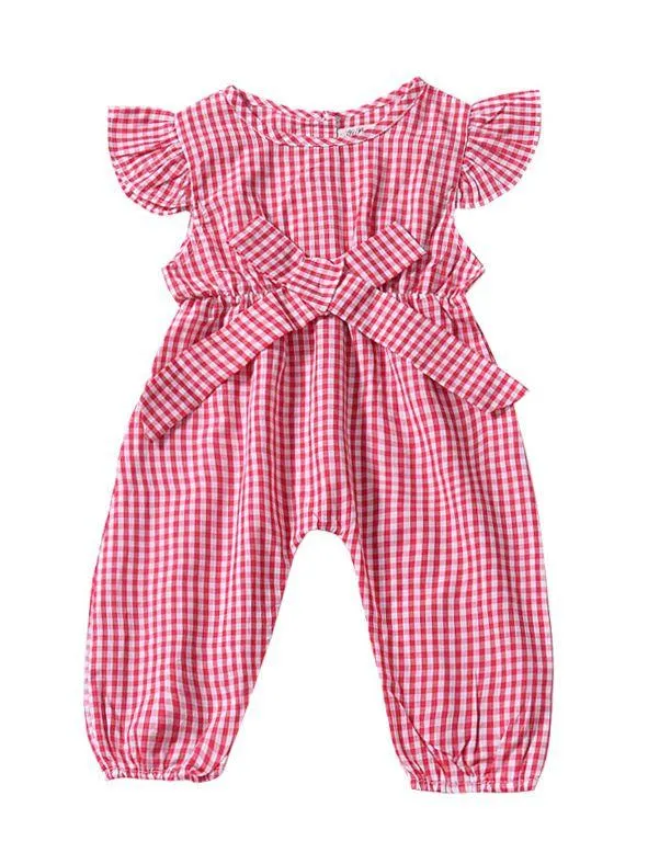 Pretty Flutter Sleeve Bow Checked Baby Girl Summer Overall
