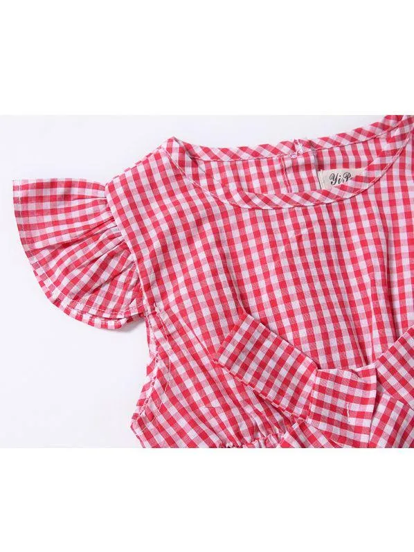 Pretty Flutter Sleeve Bow Checked Baby Girl Summer Overall