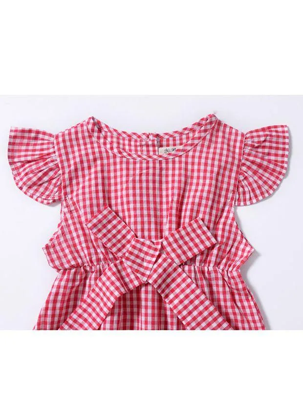 Pretty Flutter Sleeve Bow Checked Baby Girl Summer Overall