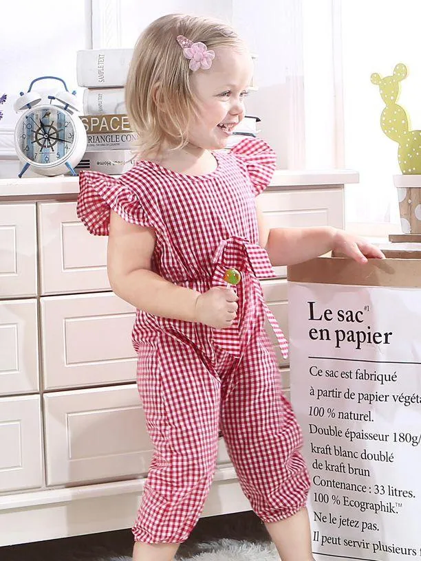 Pretty Flutter Sleeve Bow Checked Baby Girl Summer Overall