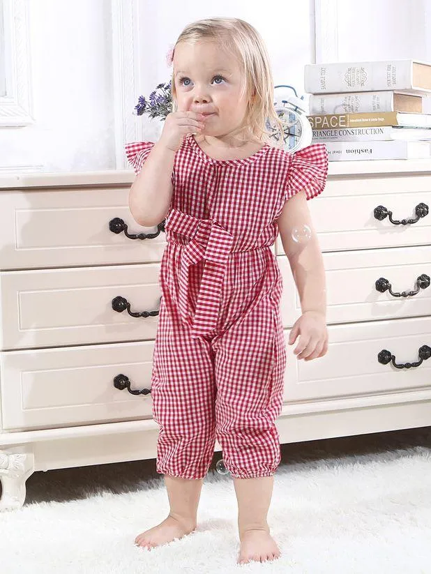 Pretty Flutter Sleeve Bow Checked Baby Girl Summer Overall