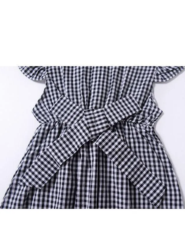 Pretty Flutter Sleeve Bow Checked Baby Girl Summer Overall