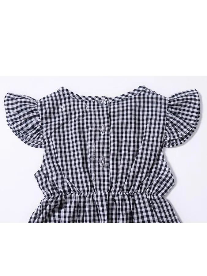 Pretty Flutter Sleeve Bow Checked Baby Girl Summer Overall