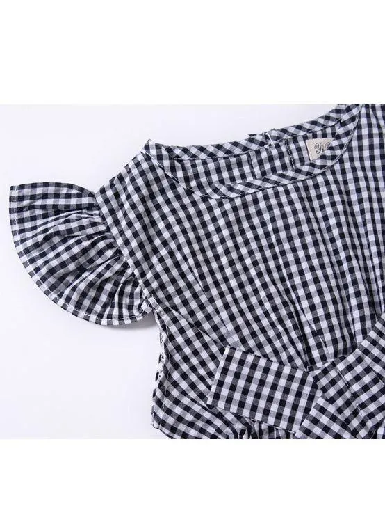Pretty Flutter Sleeve Bow Checked Baby Girl Summer Overall