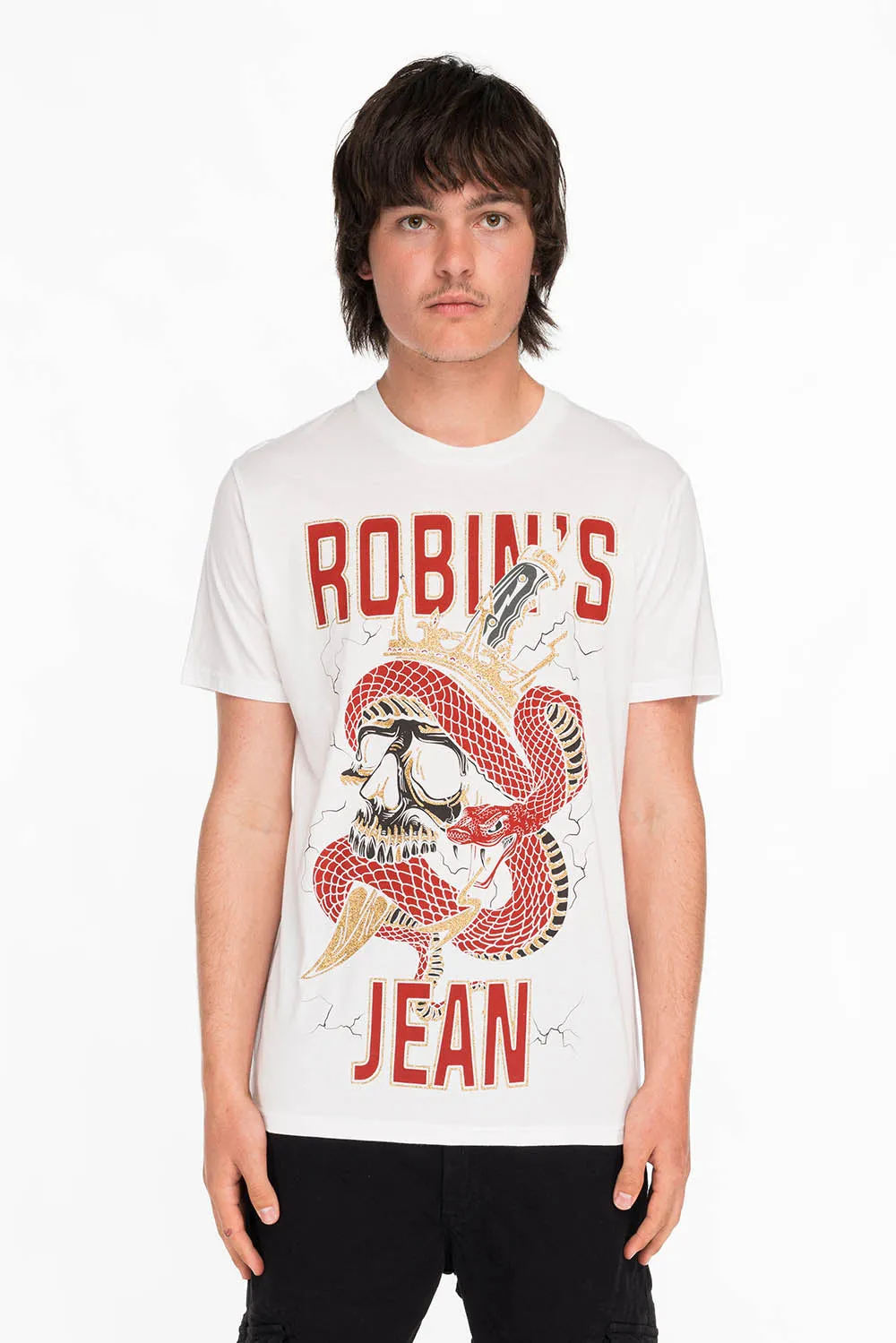 ROBINS SNAKE SKULL GOLD GLITTER TEE IN WHITE