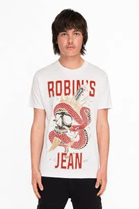 ROBINS SNAKE SKULL GOLD GLITTER TEE IN WHITE