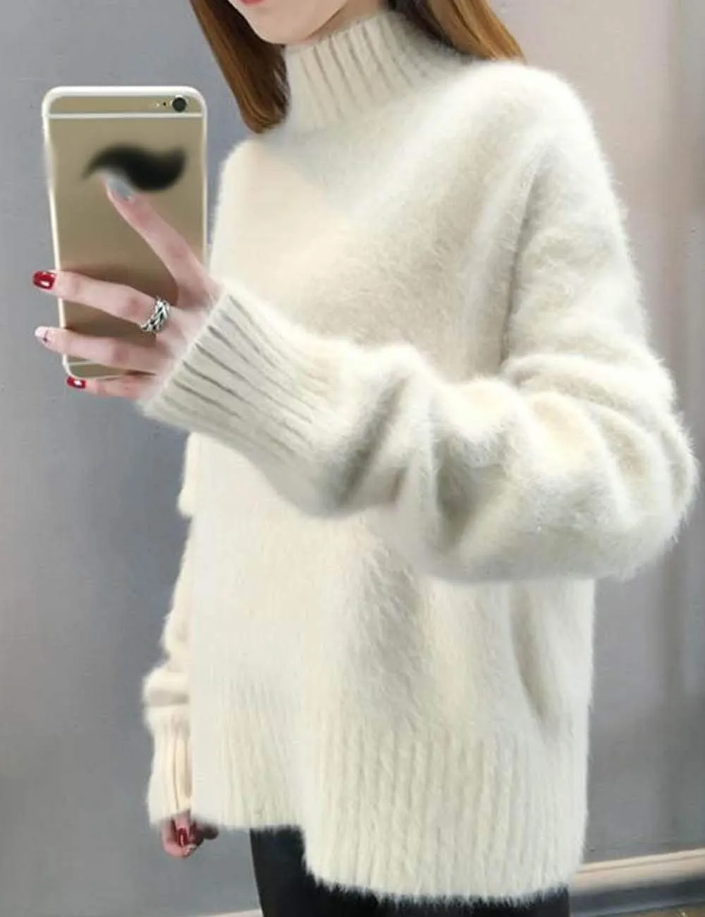 SEMATOMALA Women's Winter High Neck Long Sleeve Jumper Fuzzy Fluffy Thick Warm Casual Solid Pullover Sweater