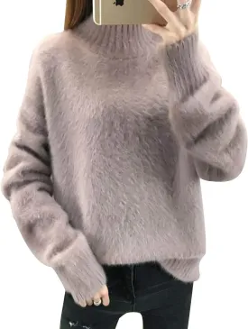 SEMATOMALA Women's Winter High Neck Long Sleeve Jumper Fuzzy Fluffy Thick Warm Casual Solid Pullover Sweater