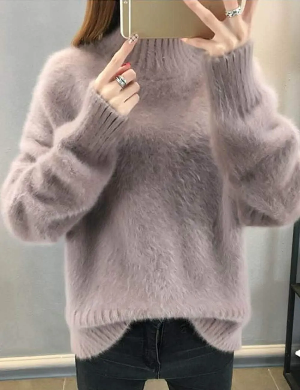 SEMATOMALA Women's Winter High Neck Long Sleeve Jumper Fuzzy Fluffy Thick Warm Casual Solid Pullover Sweater