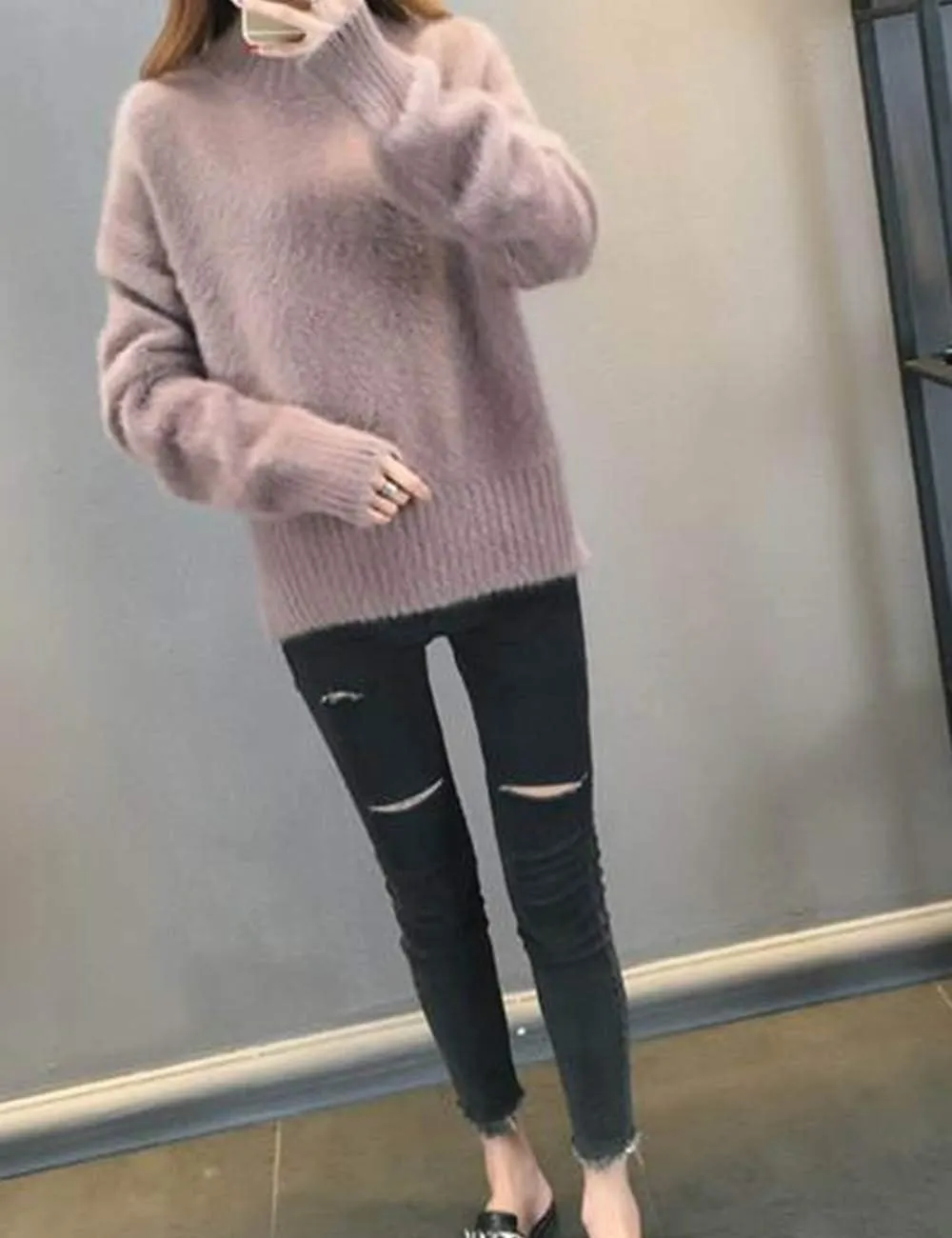 SEMATOMALA Women's Winter High Neck Long Sleeve Jumper Fuzzy Fluffy Thick Warm Casual Solid Pullover Sweater