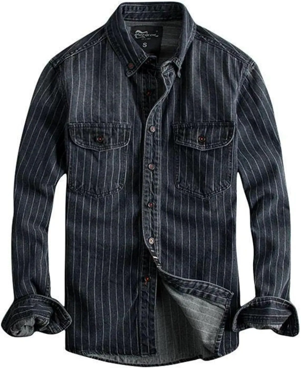 SevenBoy Mens Vintage Striped Denim Button-Down Shirt, Long Sleeve, Dual Front Pockets Casual Shirt Coat