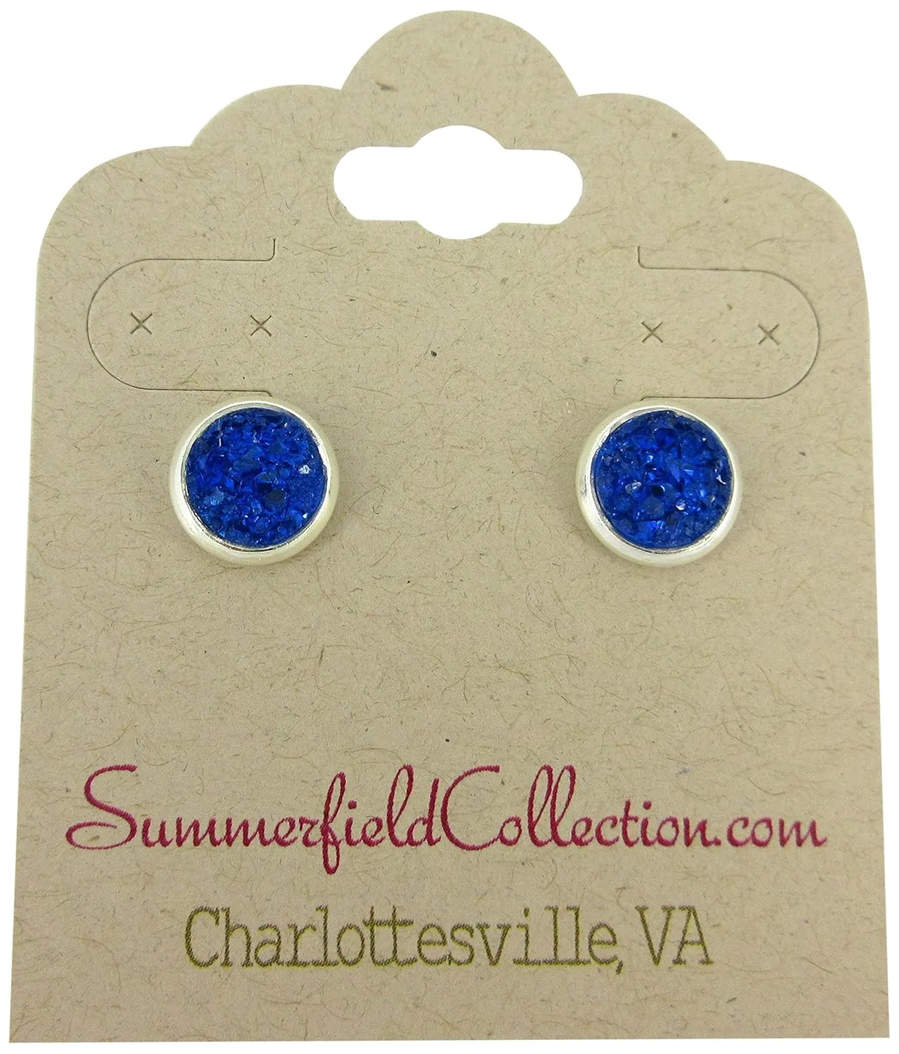 Silver-tone Faux Druzy Stone Stud Earrings 8mm (Royal Blue)