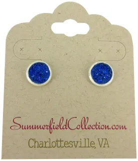Silver-tone Faux Druzy Stone Stud Earrings 8mm (Royal Blue)