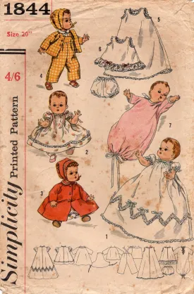 Simplicity 1844 Retro Wardrobe For Large 20 inch Baby Dolls  1950s Vintage Sewing Pattern