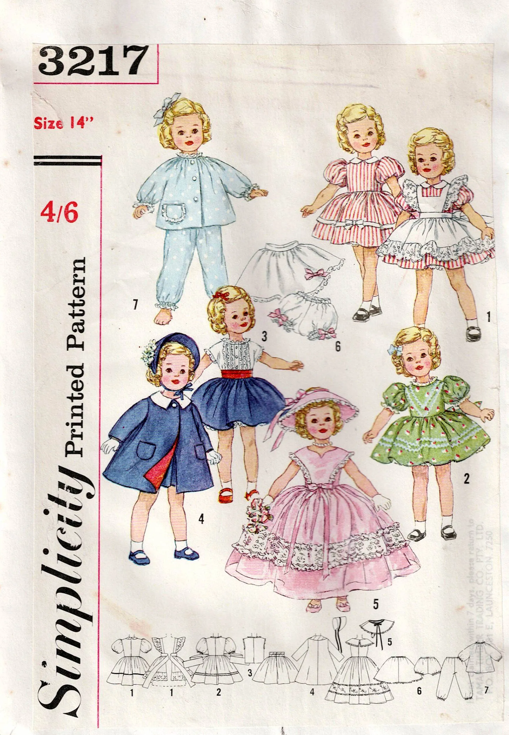 Simplicity 3217 Retro Wardrobe For 14 inch Shirley Temple Baby Dolls 1950s Vintage Sewing Pattern