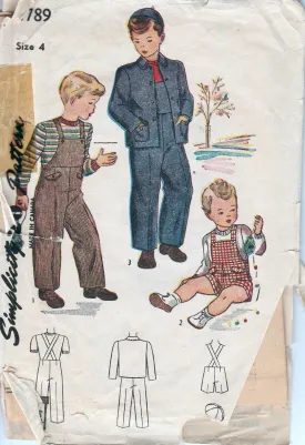 Simplicity 4789 Little Boys Overalls Jacket Cap Vintage Sewing Pattern 1940's