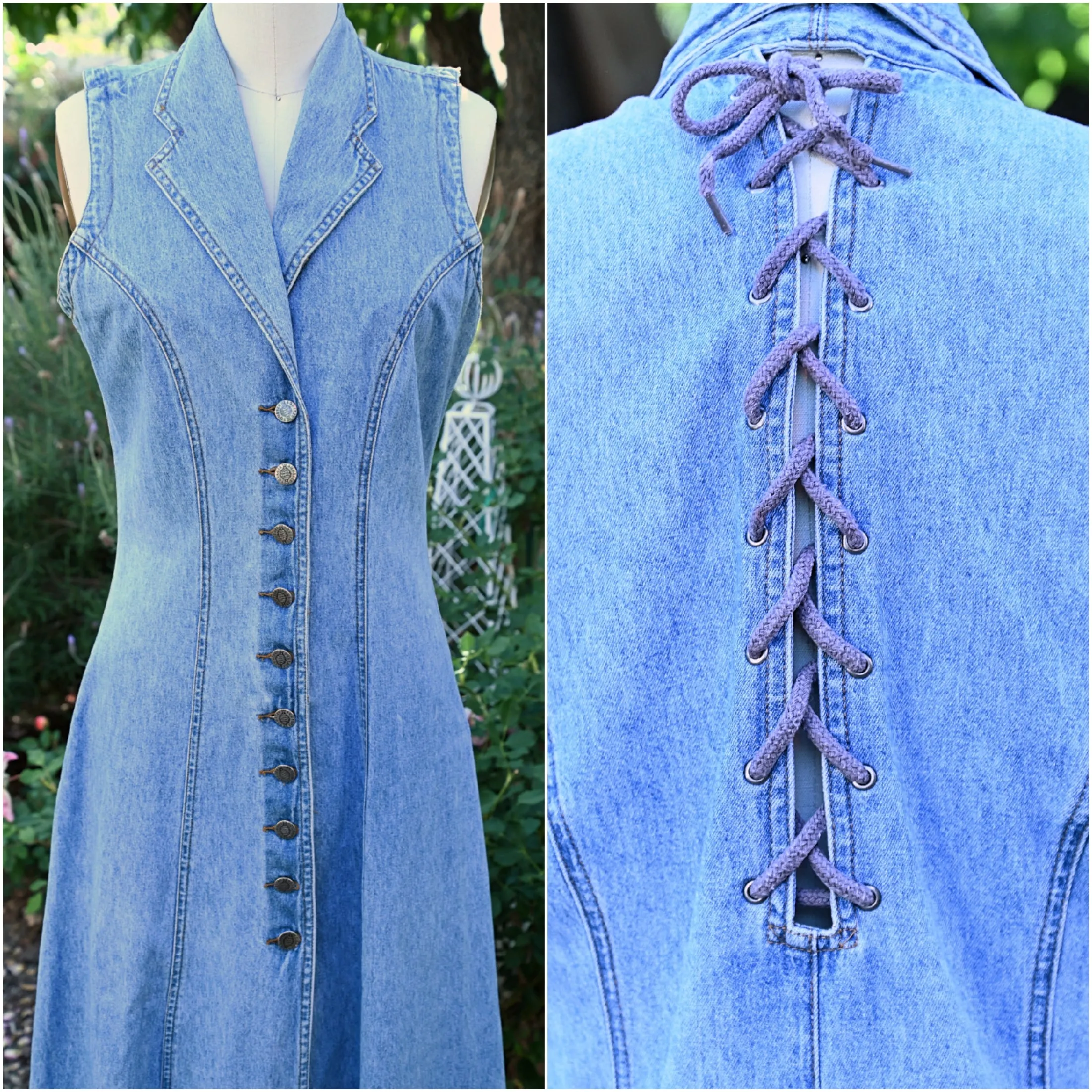 SOLD 90s Denim Dress Corset Lace Up Back, Y2K Boho Hippie Long Festival Dress M