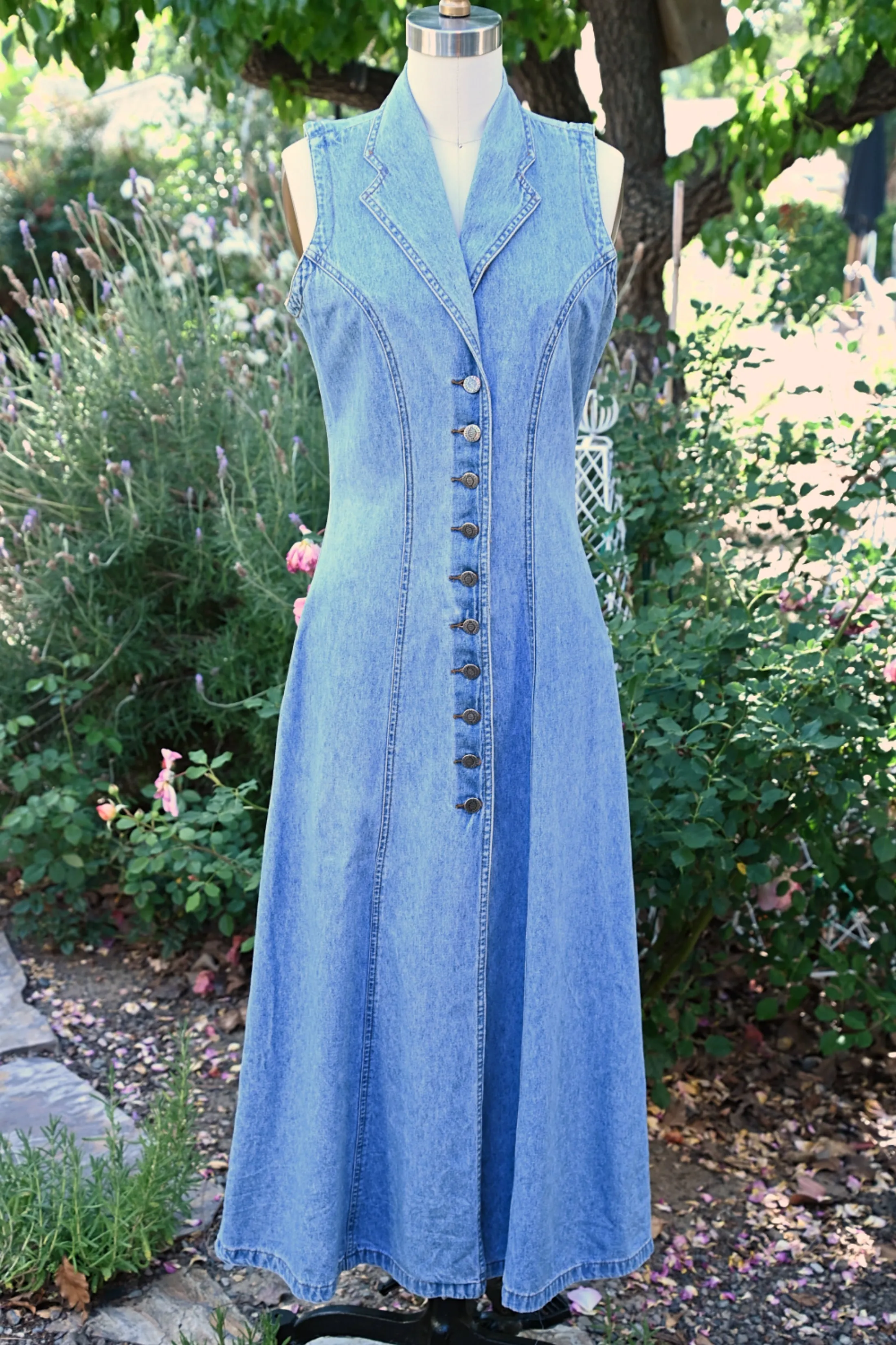 SOLD 90s Denim Dress Corset Lace Up Back, Y2K Boho Hippie Long Festival Dress M