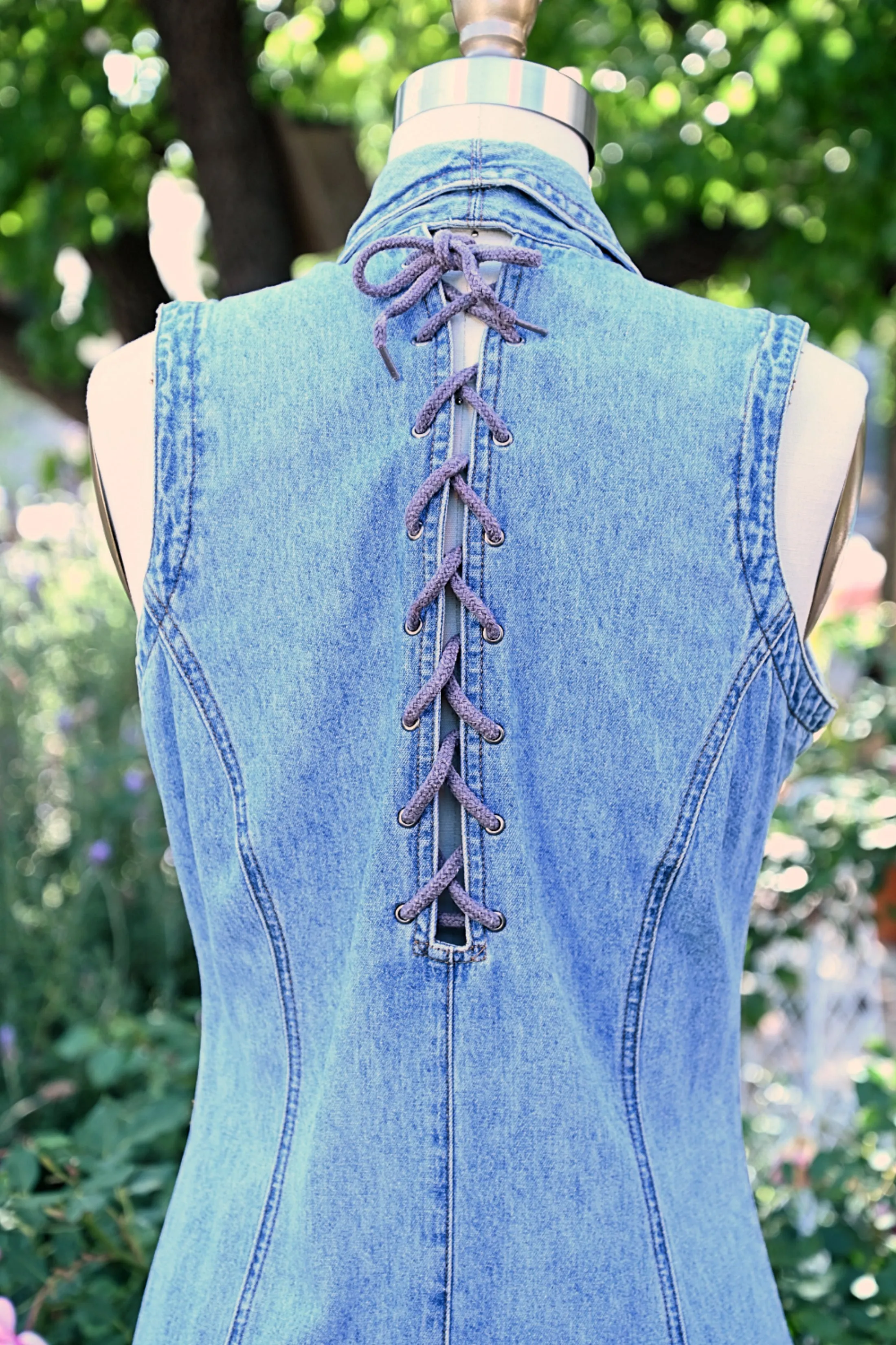SOLD 90s Denim Dress Corset Lace Up Back, Y2K Boho Hippie Long Festival Dress M