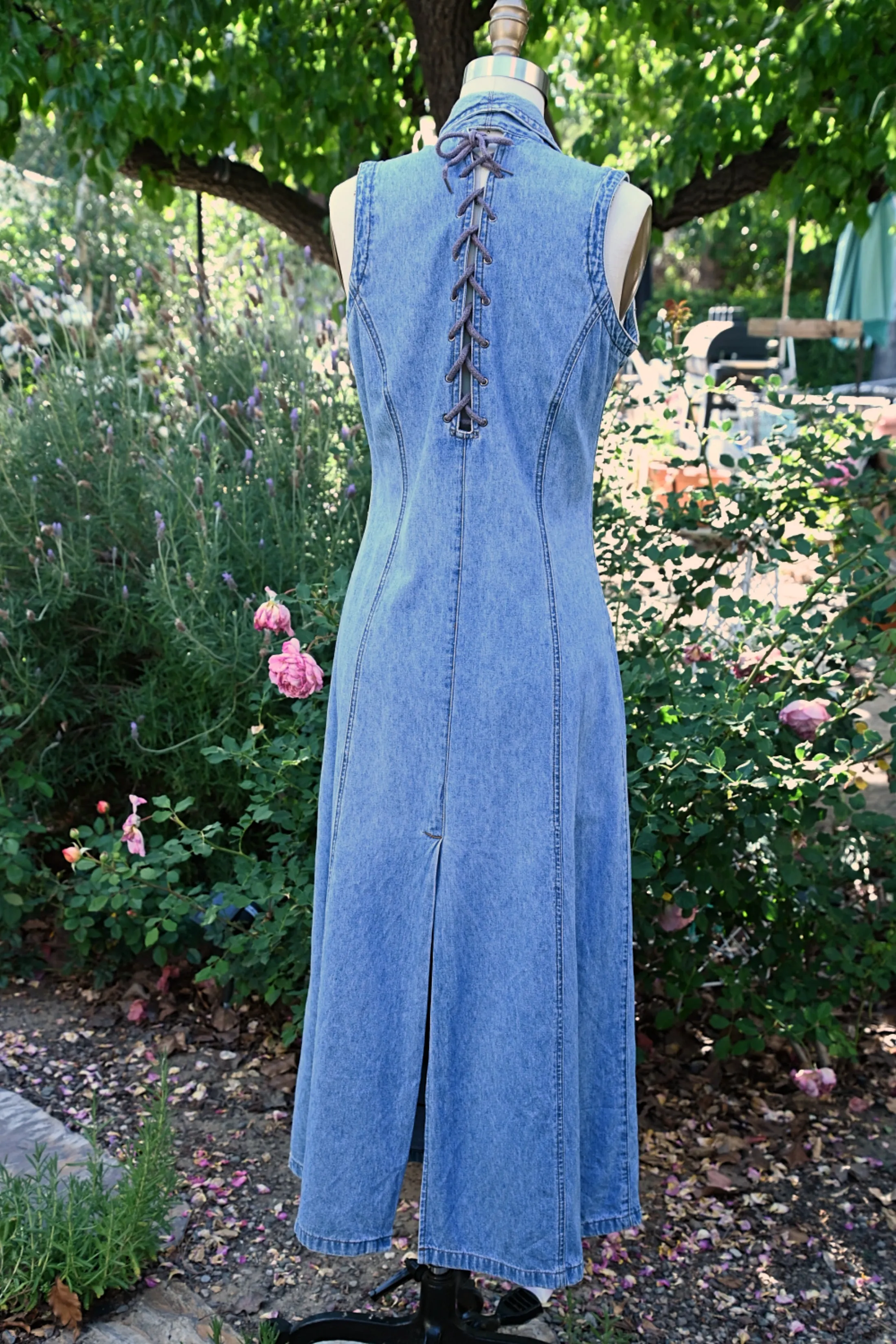 SOLD 90s Denim Dress Corset Lace Up Back, Y2K Boho Hippie Long Festival Dress M