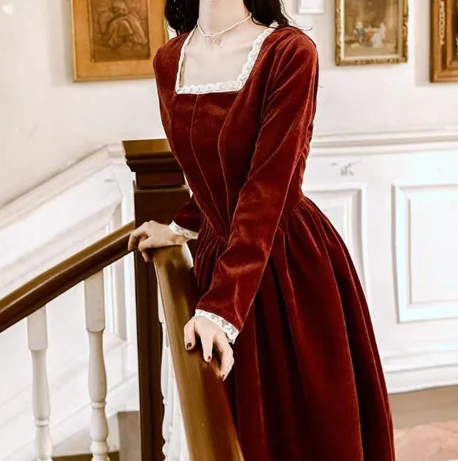 Square neck corduroy dress in dark red orange colour
