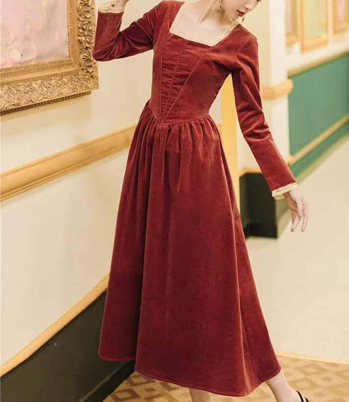 Square neck corduroy dress in dark red orange colour