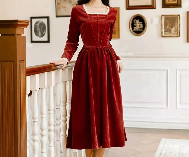 Square neck corduroy dress in dark red orange colour