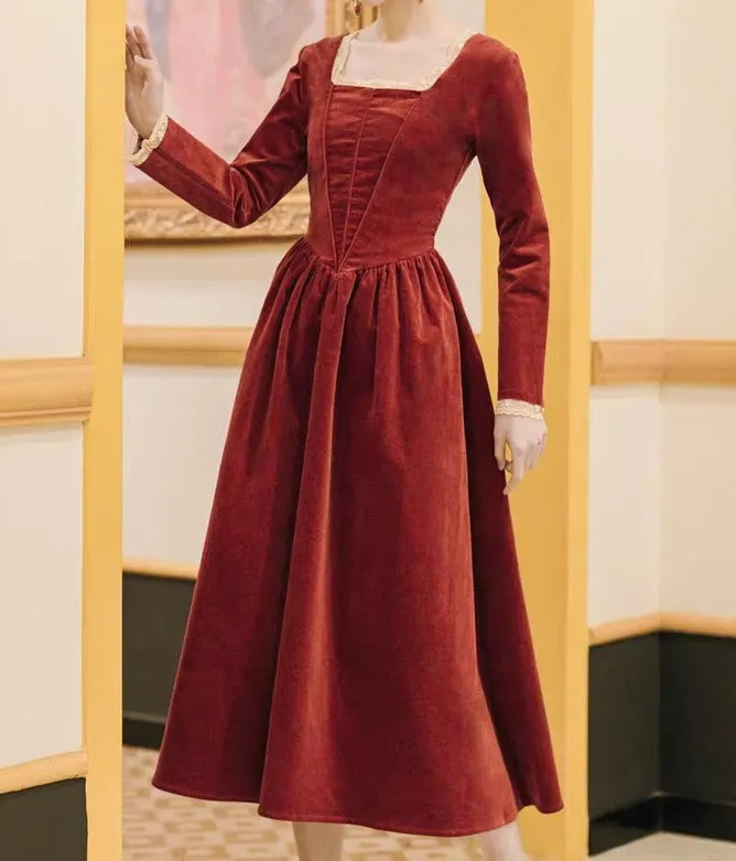 Square neck corduroy dress in dark red orange colour