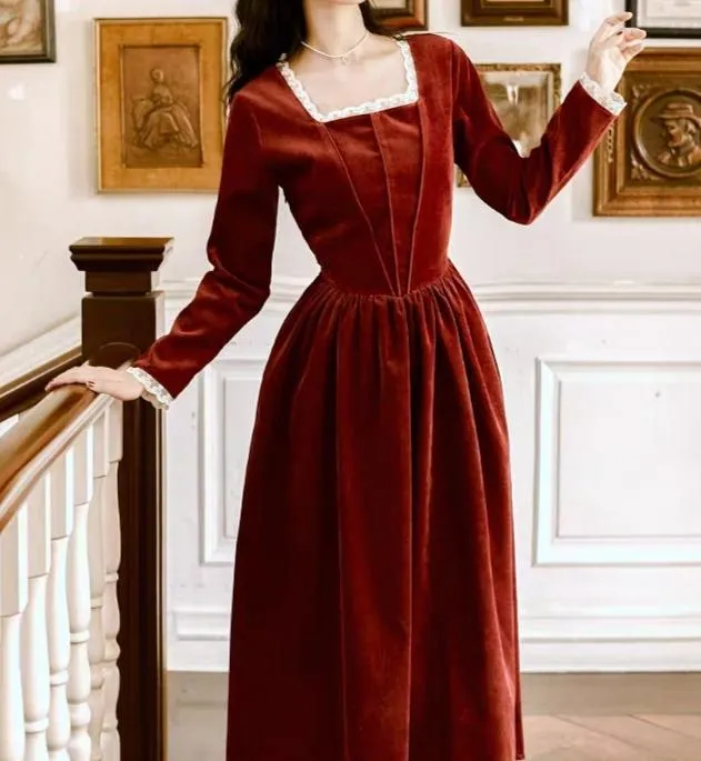 Square neck corduroy dress in dark red orange colour