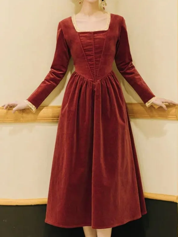 Square neck corduroy dress in dark red orange colour