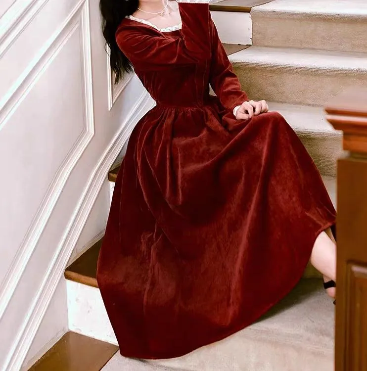 Square neck corduroy dress in dark red orange colour