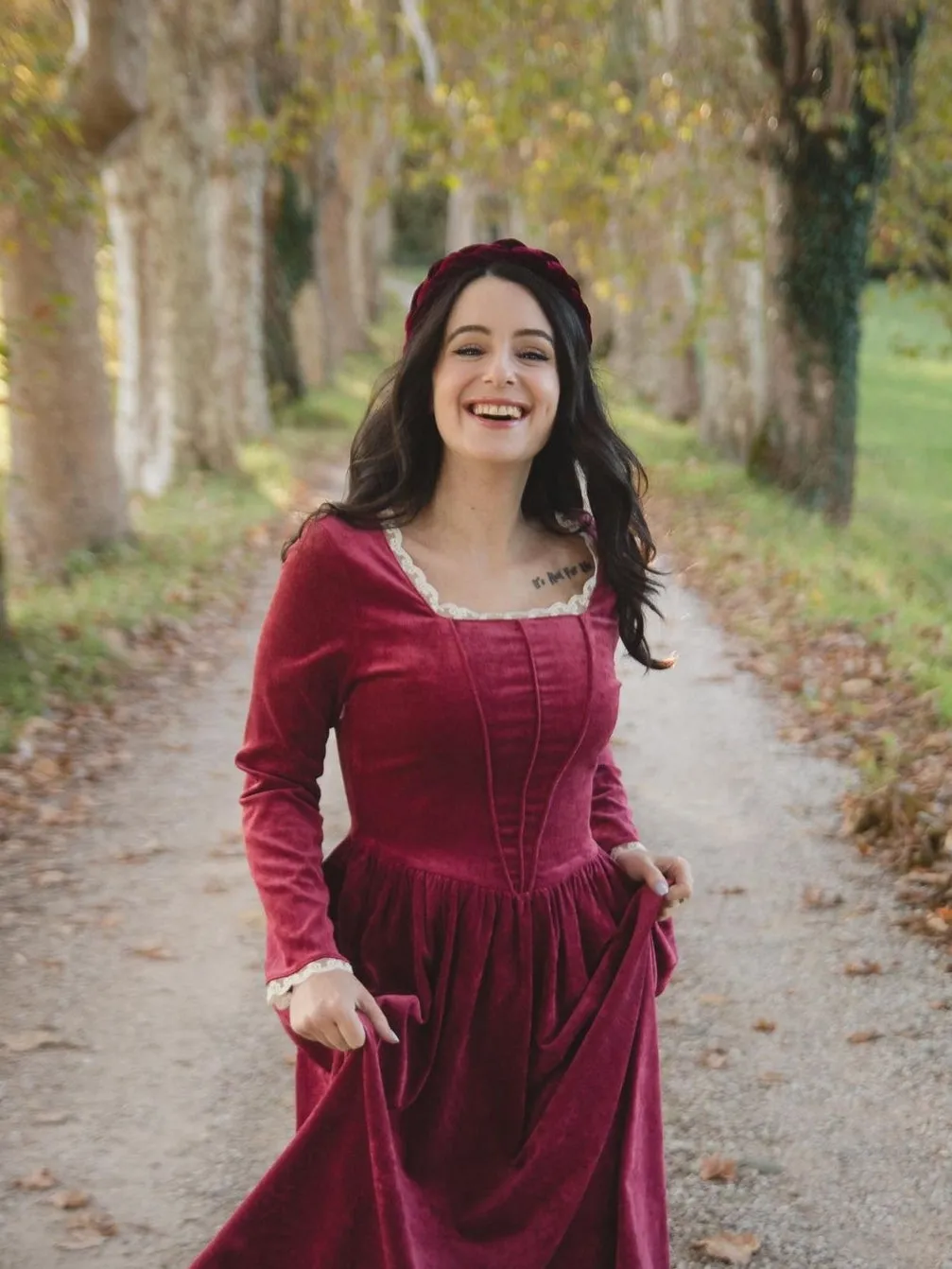 Square neck corduroy dress in dark red orange colour