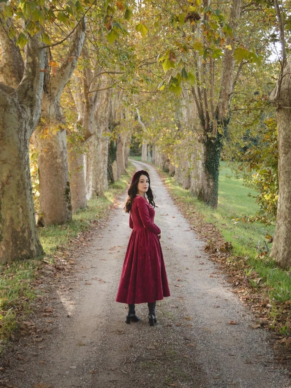 Square neck corduroy dress in dark red orange colour