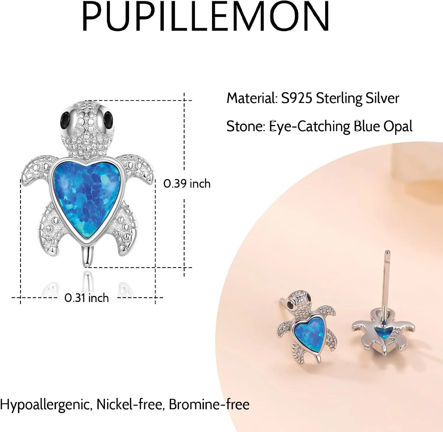 Sterling Silver Blue Opal Sea Turtle Stud Earrings Jewelry Gifts for Women, Hypoallergenic Stud Earrings