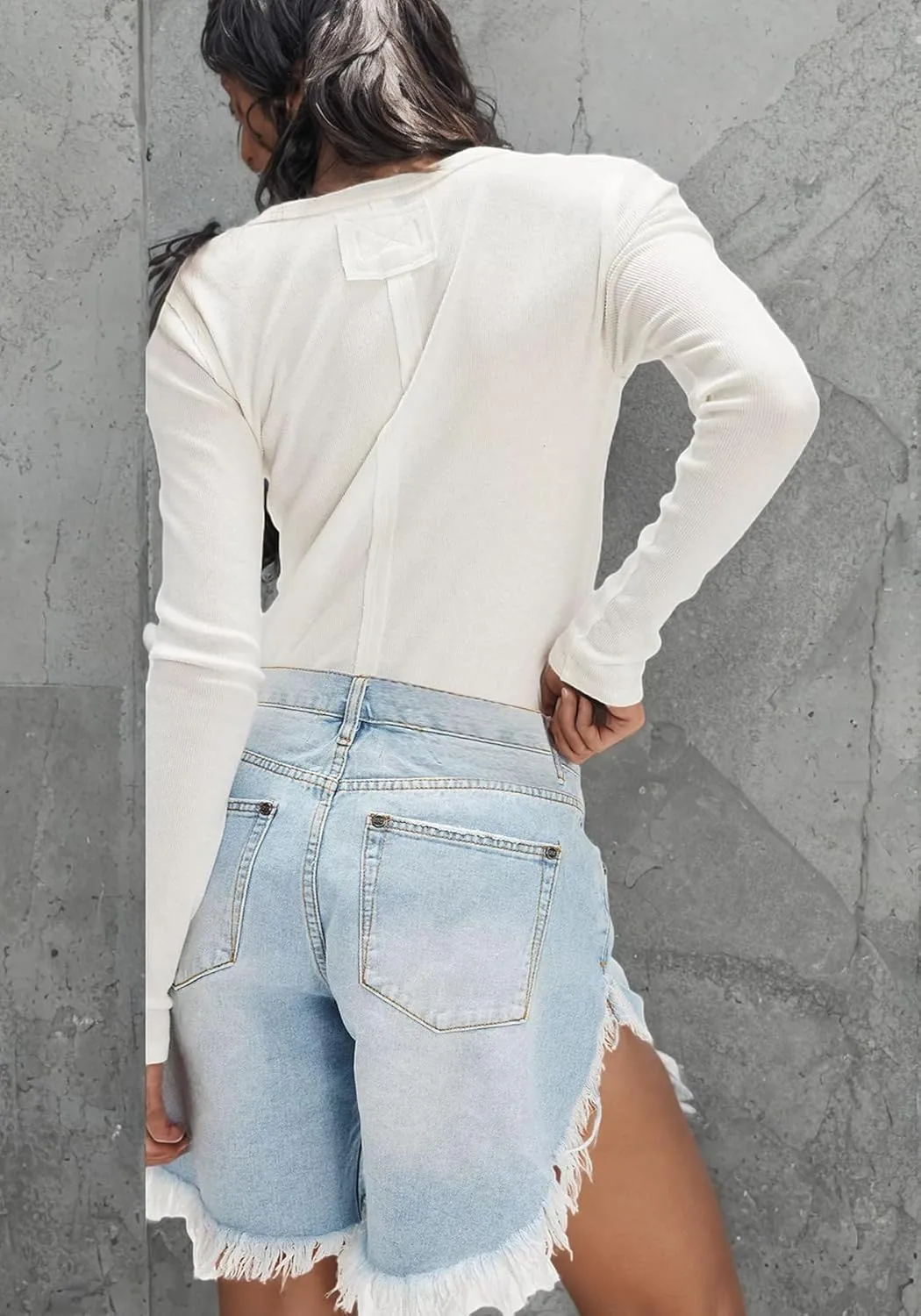 Tbahhir Women Ripped Denim Shorts Long Frayed High Waisted Side Slit Jean Short Distressed Club Streetwear Casual