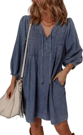 Urchics Womens Summer Dress Sail Blue 3/4 Sleeve Tied V Neck Pleated Denim Mini Dress