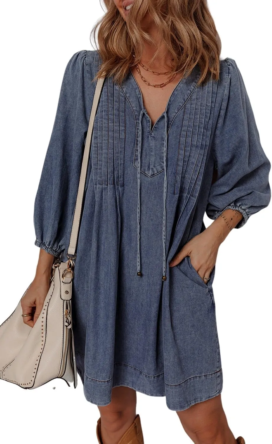 Urchics Womens Summer Dress Sail Blue 3/4 Sleeve Tied V Neck Pleated Denim Mini Dress