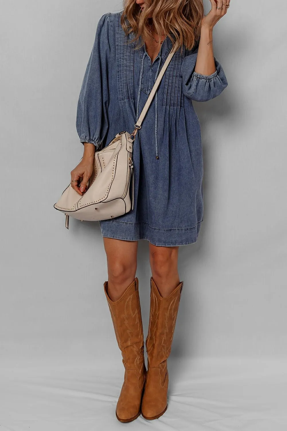 Urchics Womens Summer Dress Sail Blue 3/4 Sleeve Tied V Neck Pleated Denim Mini Dress