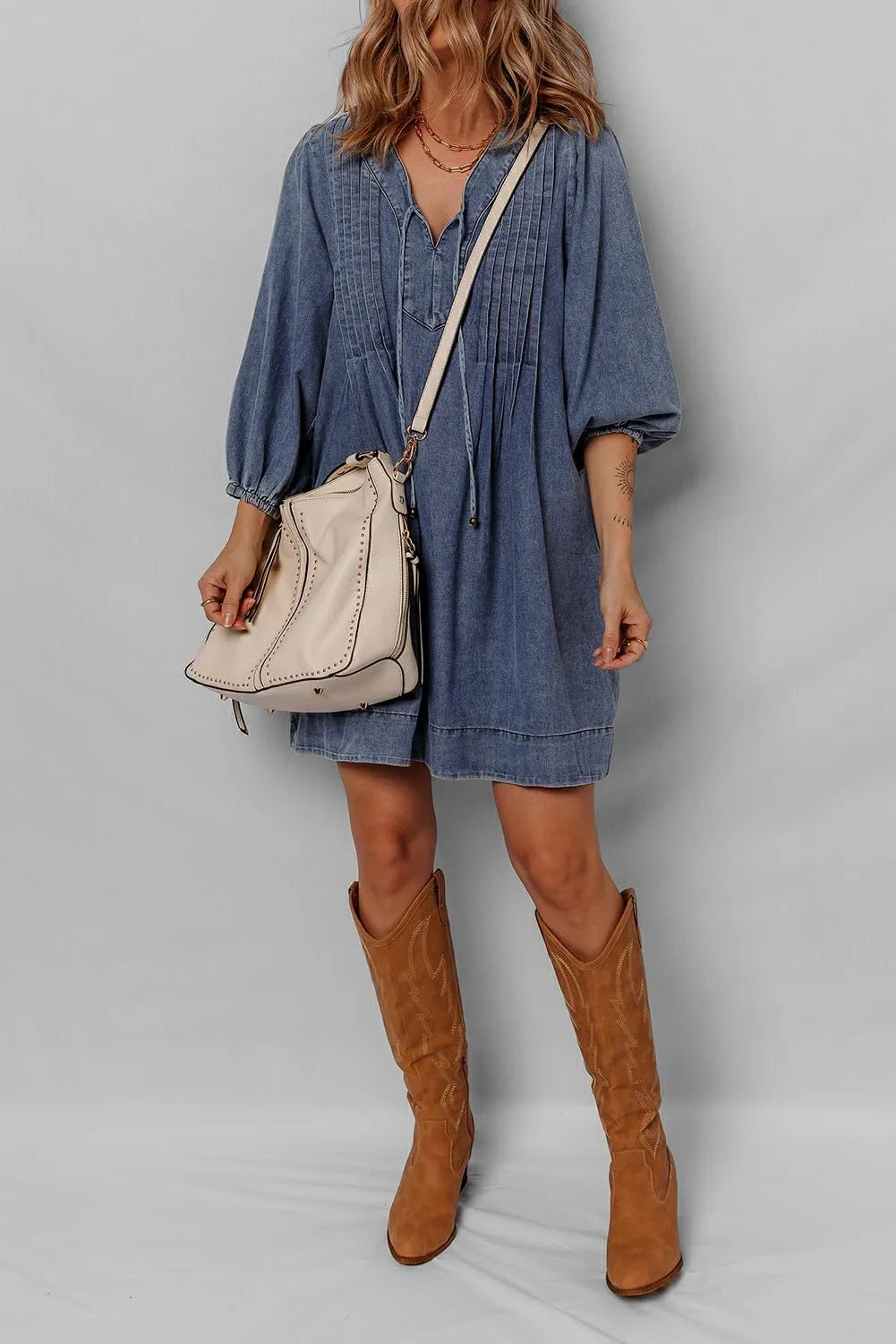 Urchics Womens Summer Dress Sail Blue 3/4 Sleeve Tied V Neck Pleated Denim Mini Dress