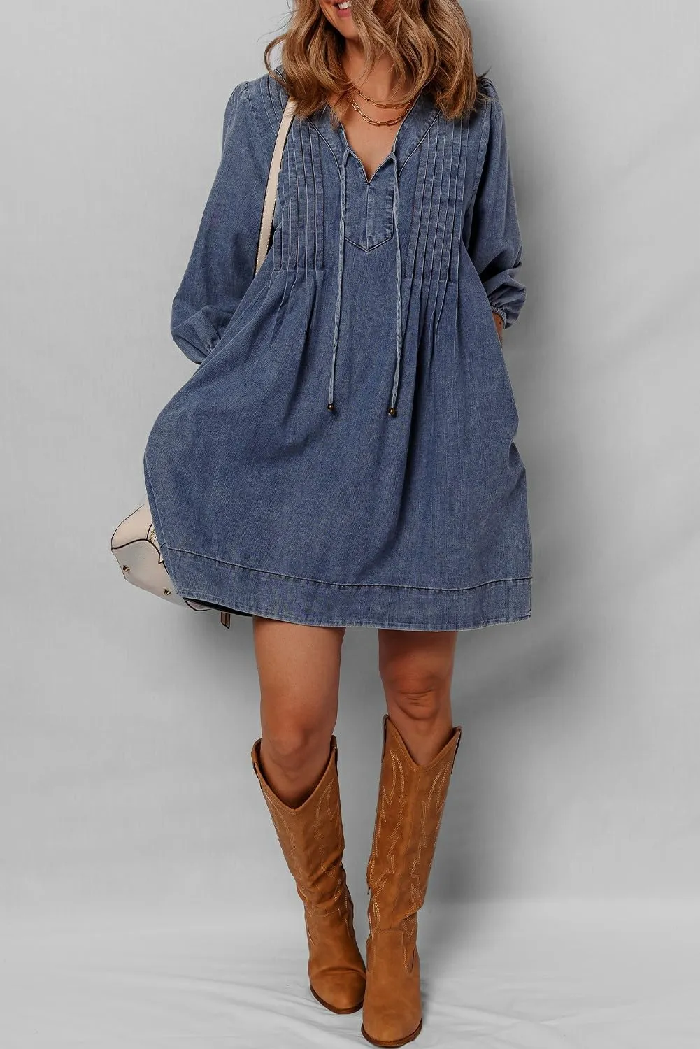 Urchics Womens Summer Dress Sail Blue 3/4 Sleeve Tied V Neck Pleated Denim Mini Dress