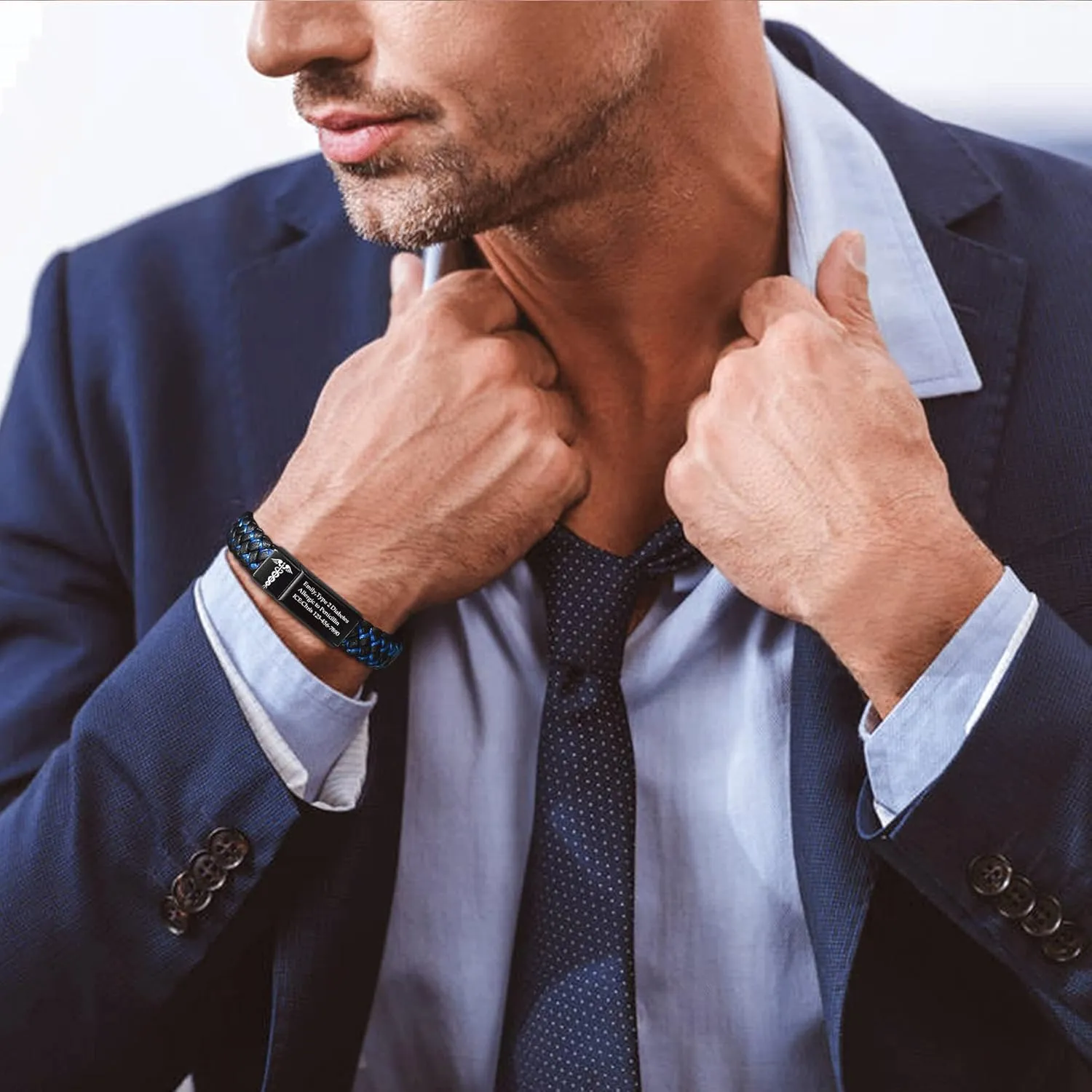 VNOX Blue Braided Leather Adjustable Cuff Bangle Medical ID Bracelet for Men
