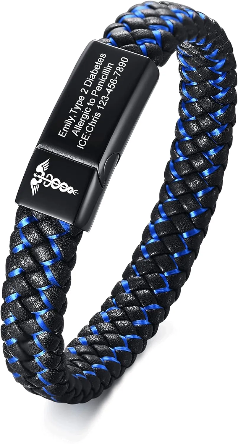 VNOX Blue Braided Leather Adjustable Cuff Bangle Medical ID Bracelet for Men